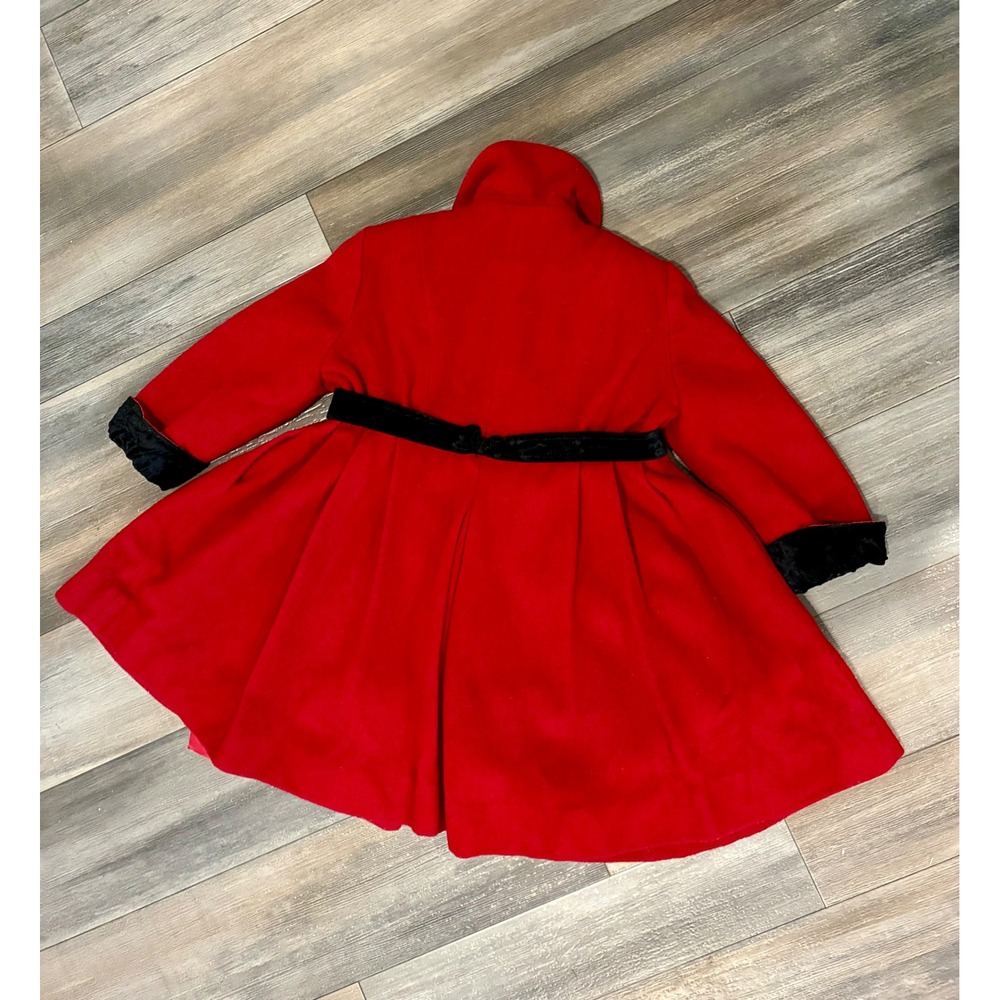 Vintage Rothschild Girls Size 4 Red 100% Wool Coat Black Velvet Bow Holiday - Picture 11 of 13